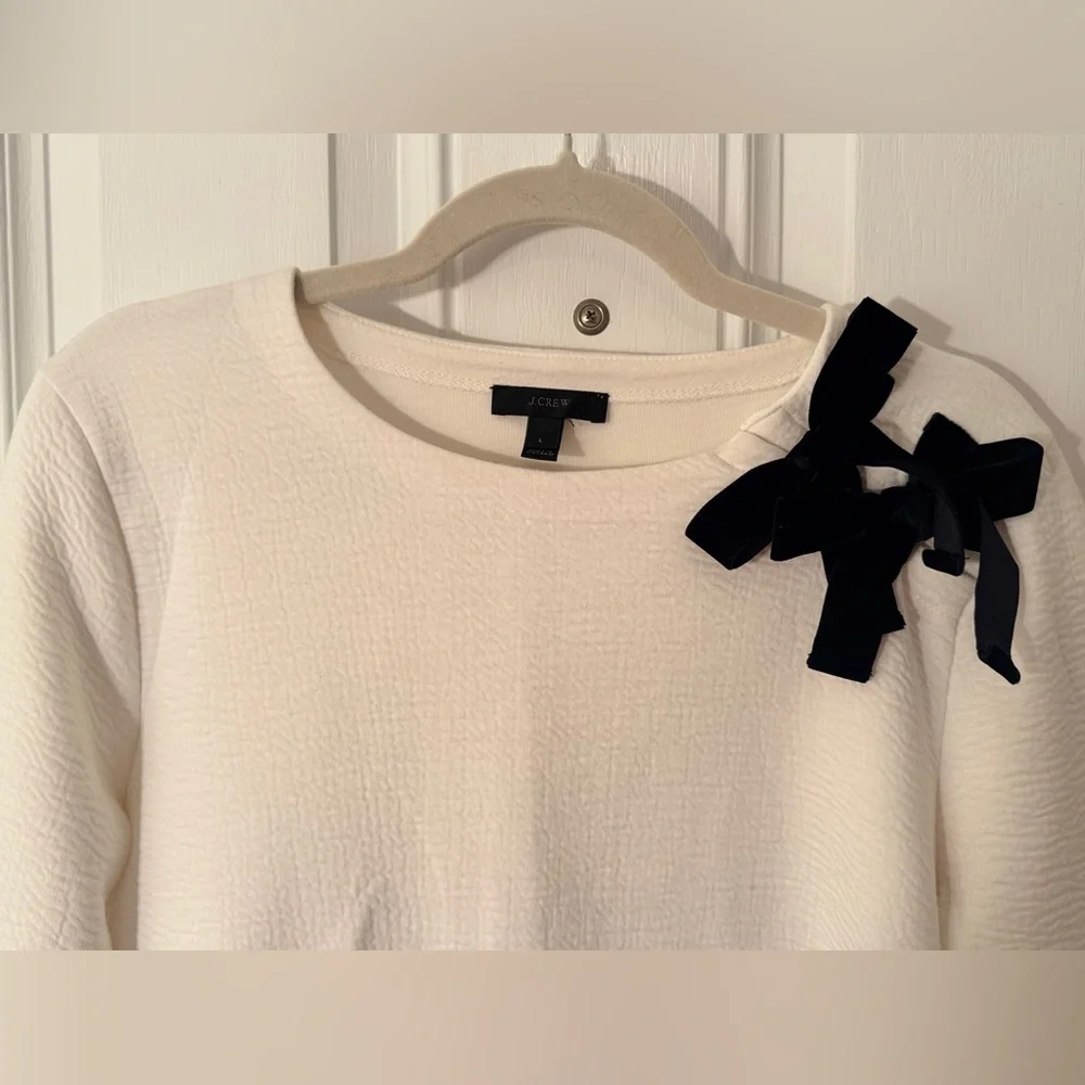J. Crew Off-White Textured Top with Black Velvet Bow Accent - Picture 2 of 3